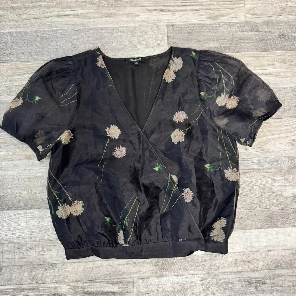Madewell floral 100% silk wrap blouse sheer puff sleeve oversized fit small C29